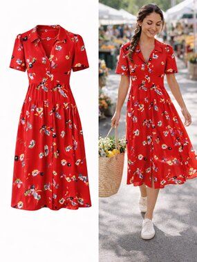 CAbi 6218 Afternoon Dress Red Floral Midi Dress Medium
